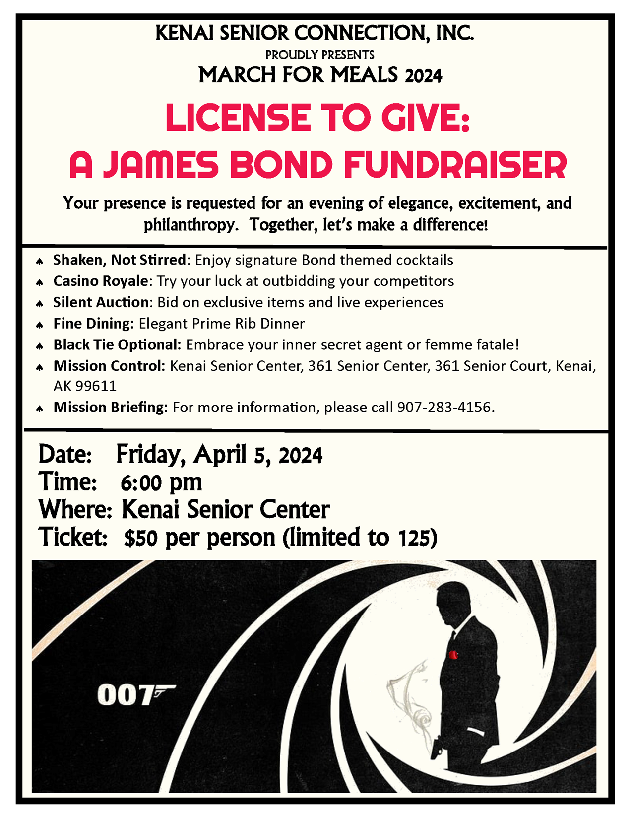 March for Meals 2024: License to Give: A James Bond Fundraiser @ Kenai Senior Center